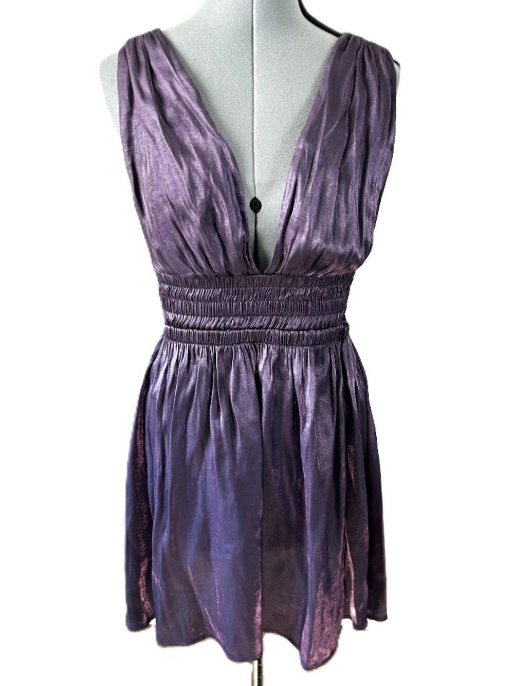 0386 Heart & Heels Metallic Purple Deep V Dress XL Midi